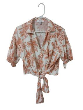 C By One Womens White & Orange Floral Tie-Front Blouse Size Medium Linen Blend